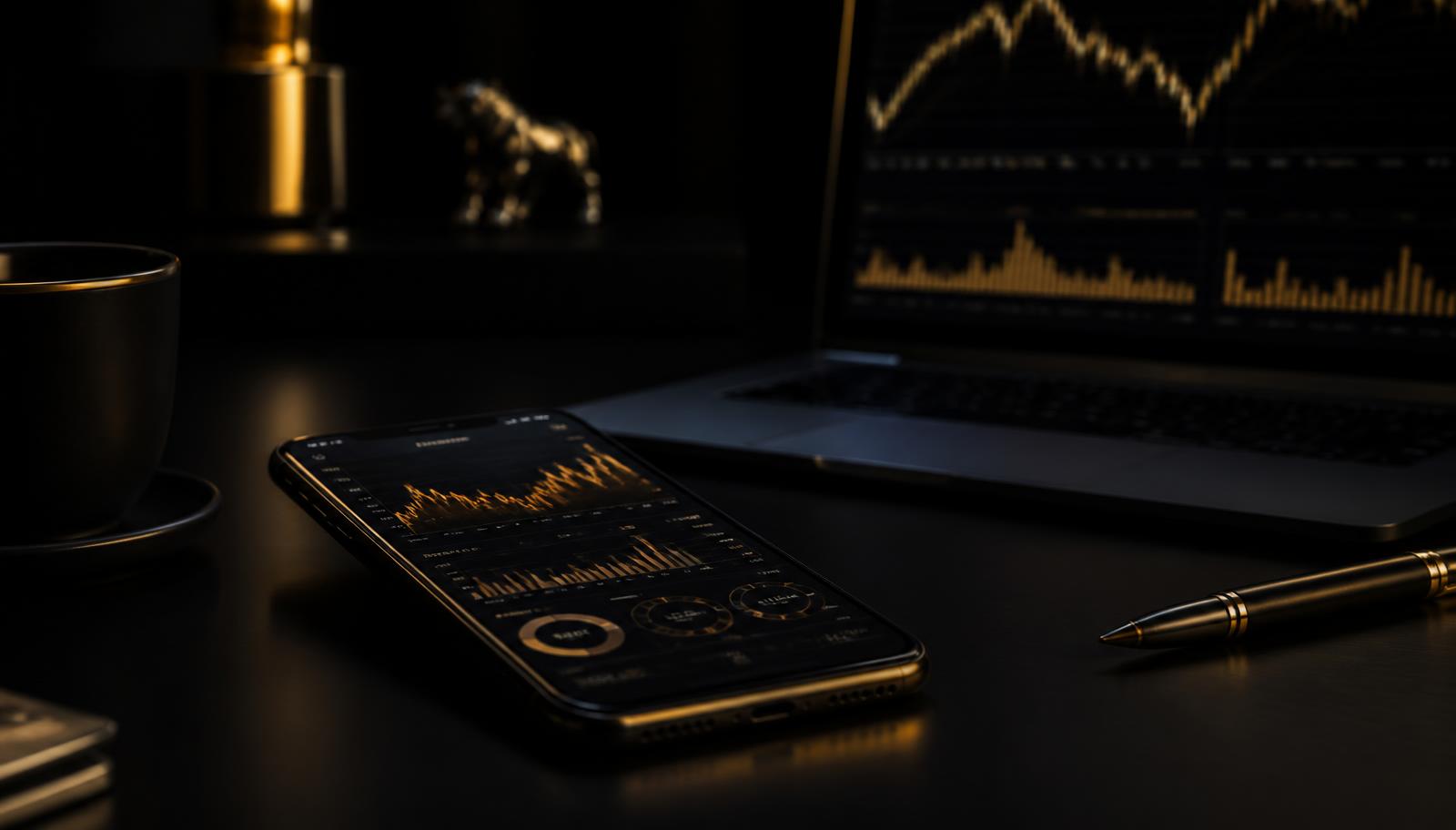 A dark trading desk at night with a phone showing a gold financial dashboard